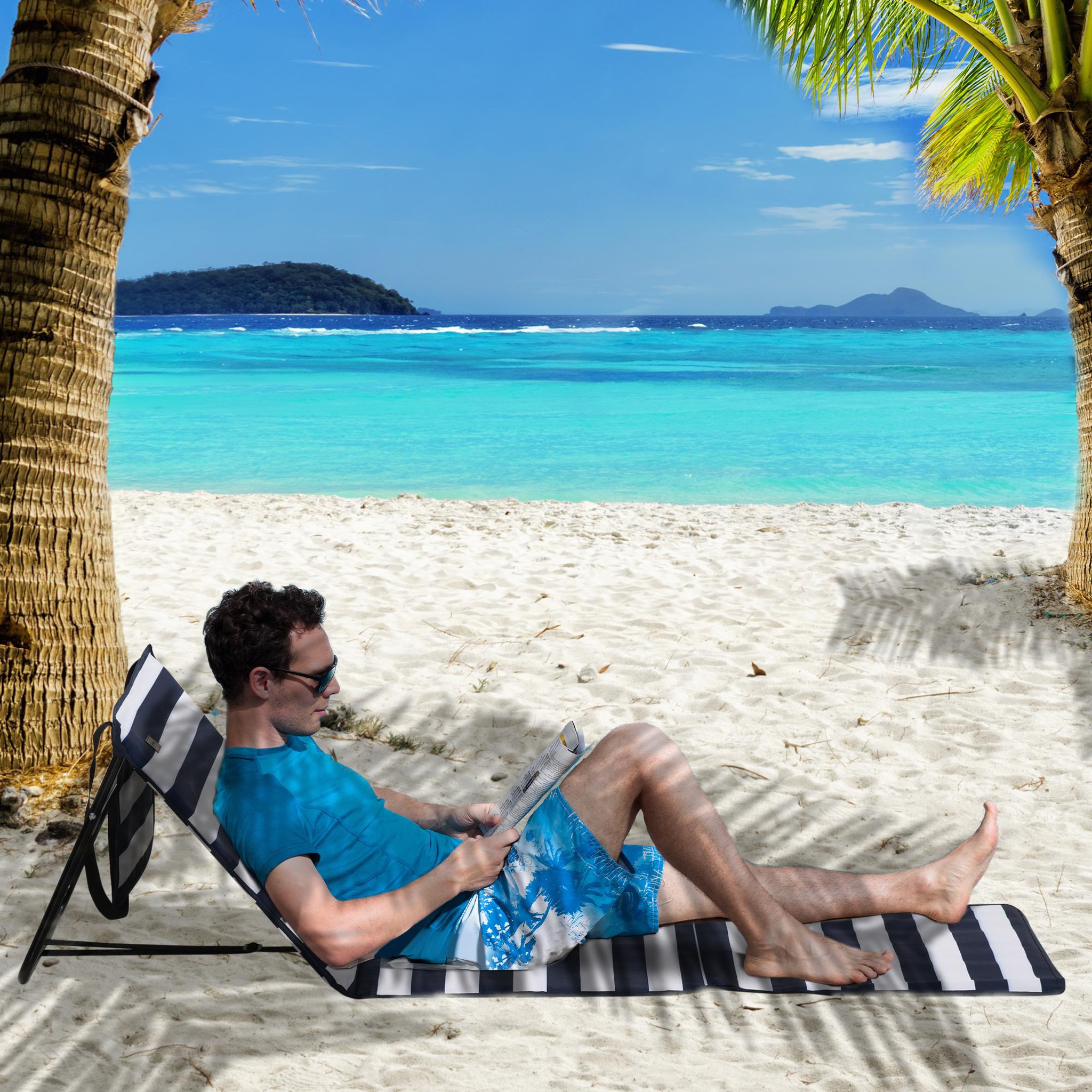 Voir la diapositive 2 : OUTSUNNY Lot de 2 tapis de plage rembourrés pliables - matelas de plage - dossier inclinable, rangement - métal polyester blanc bleu