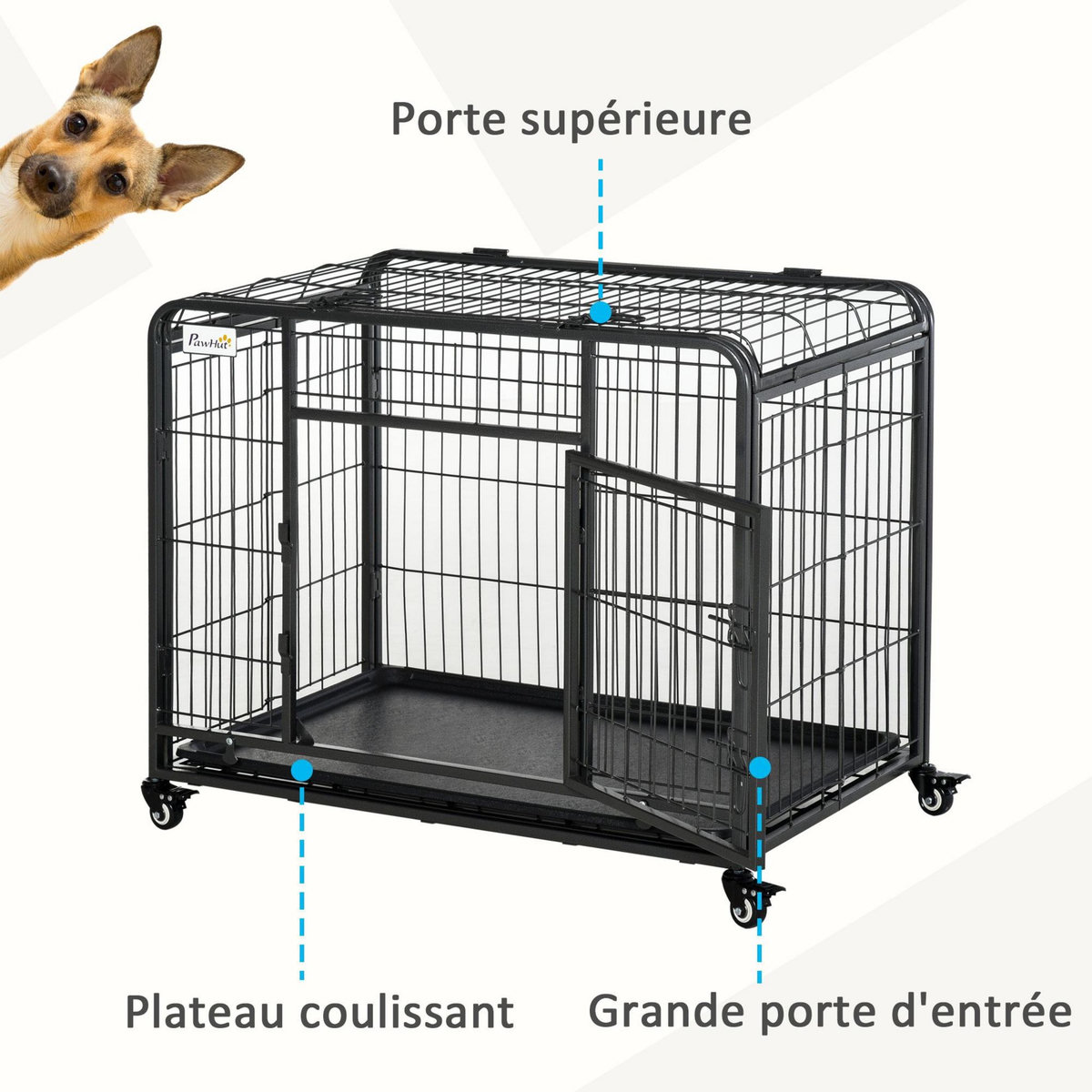 PAWHUT Cage pour chien pliable cage de transport sur roulettes 2 portes verrouillables plateau amovible dim. 125L x 76l x 81H cm métal gris noir