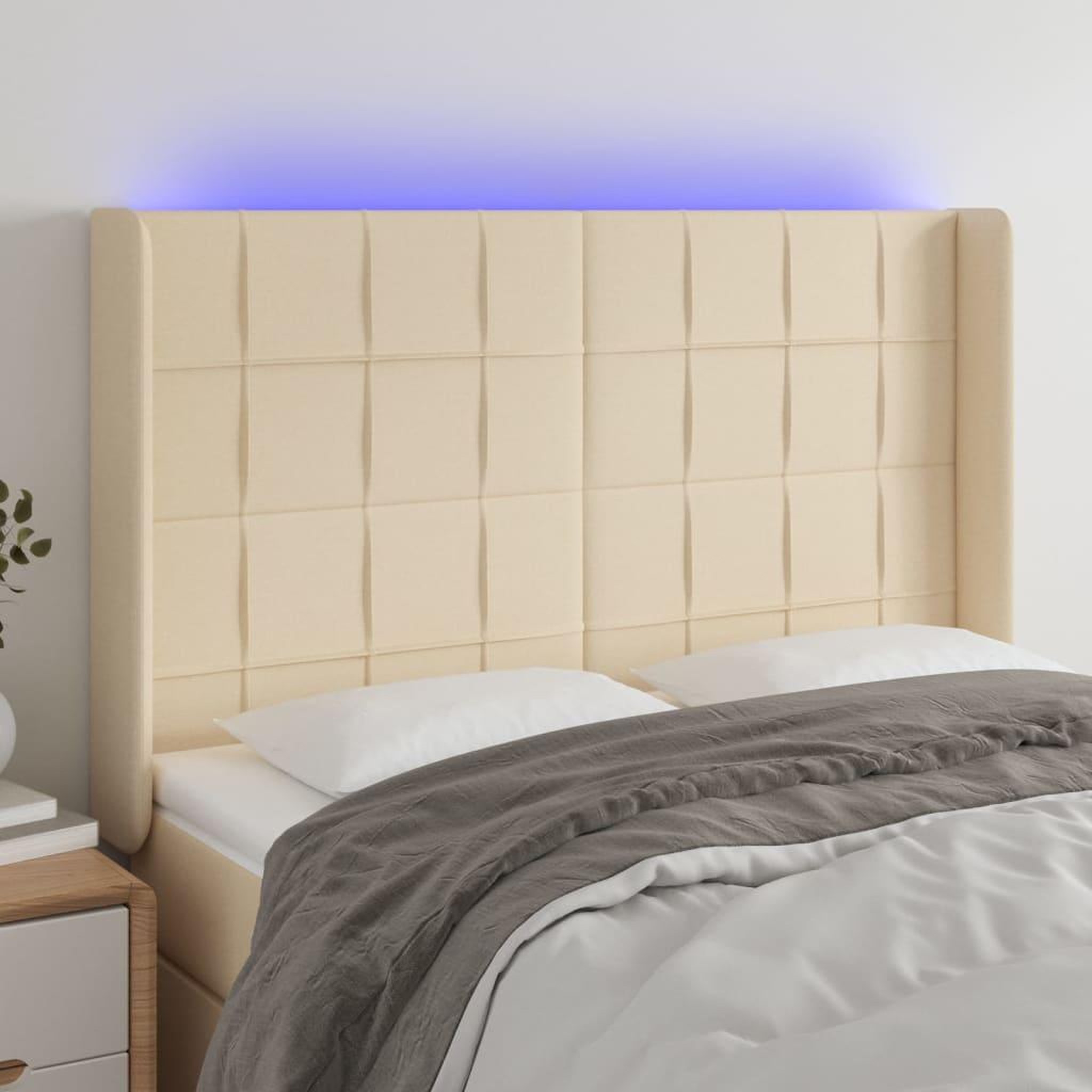 Voir la diapositive 1 : VIDAXL Tete de lit a LED Creme 147x16x118/128 cm Tissu