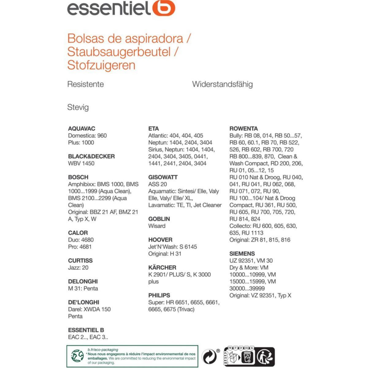 ESSENTIEL B Sac aspirateur EB2585P