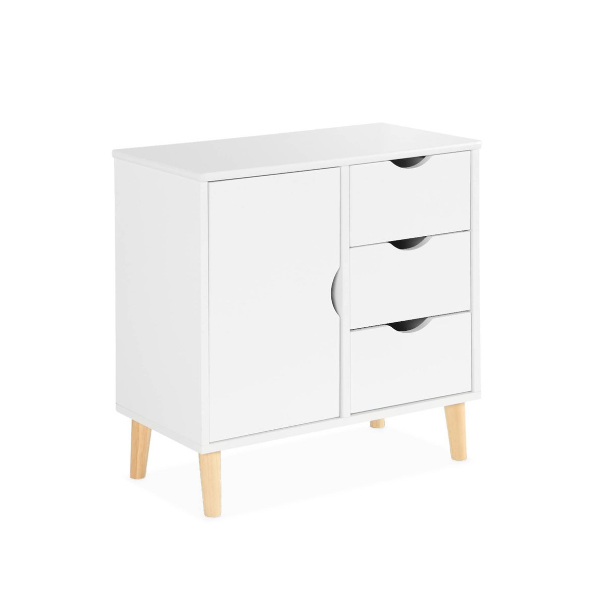 SWEEEK Commode enfant. 1 porte et 3 tiroirs. 2 étagères. blanc. pieds en pin