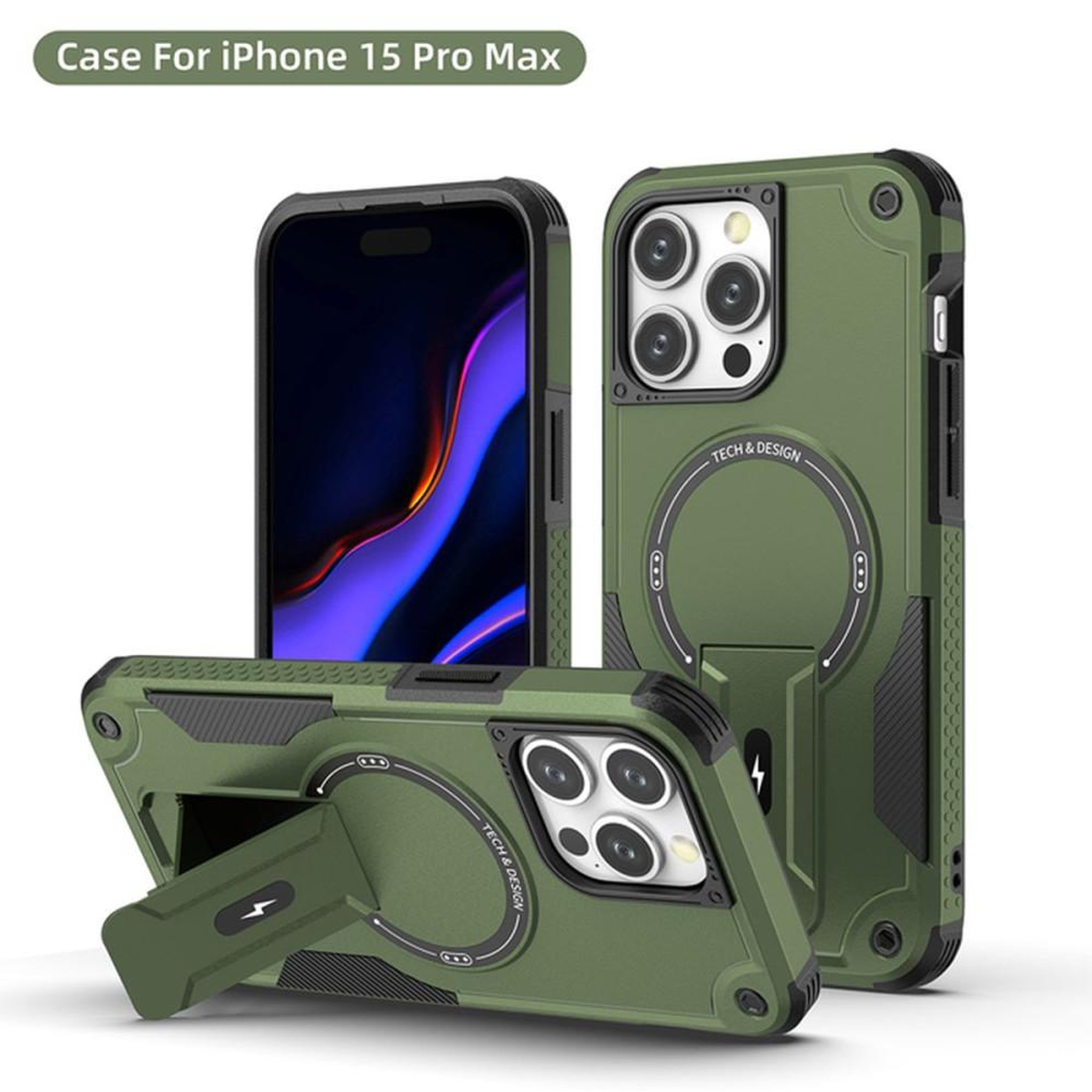 Coque iPhone 15 Pro Max MagSafe magnétique HCT Style verte anti-choc avec support intégré et anneau