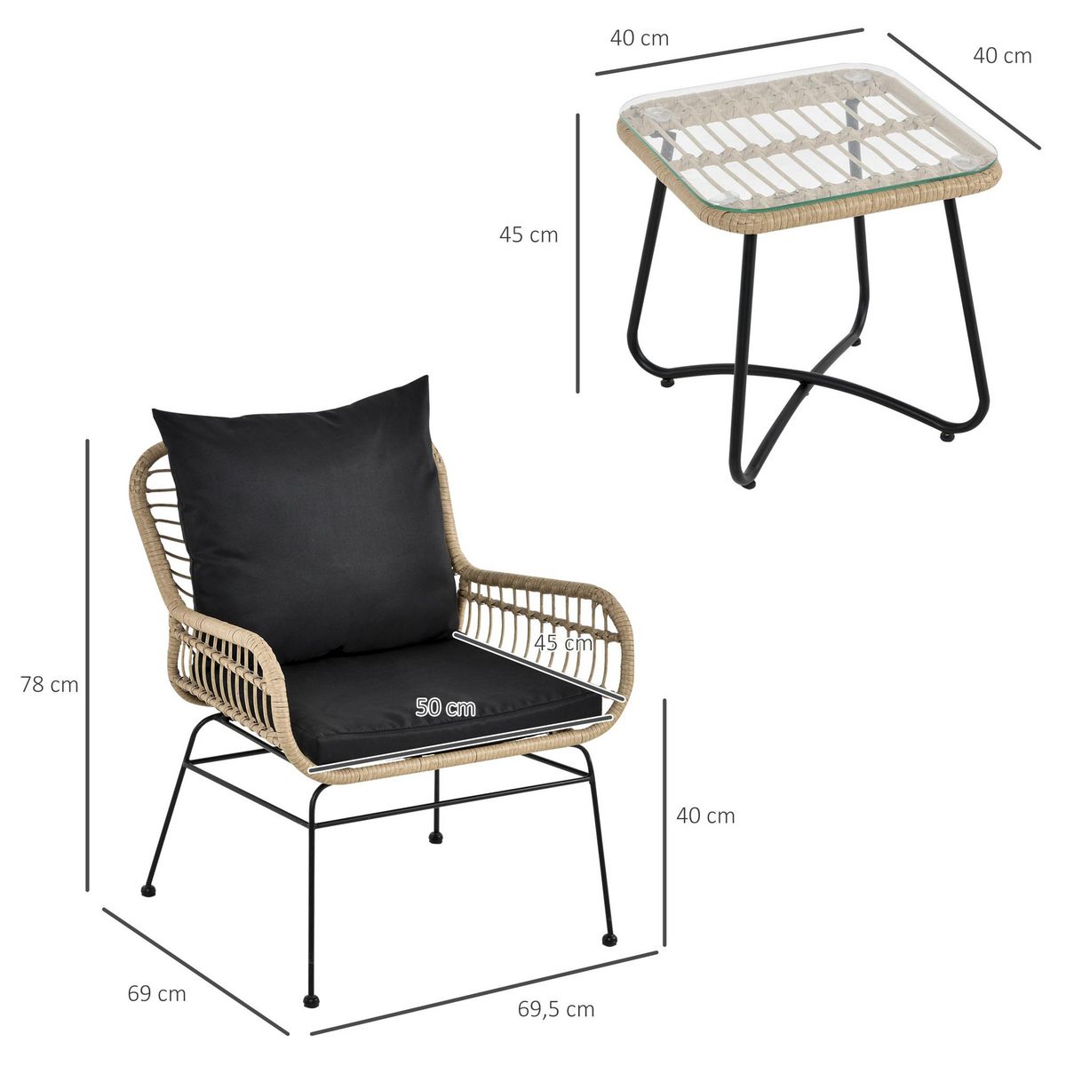 OUTSUNNY Outsunny Ensemble salon de jardin 3 pièces style exotique 2 fauteuils avec coussins + table basse résine tressée beige métal époxy noir