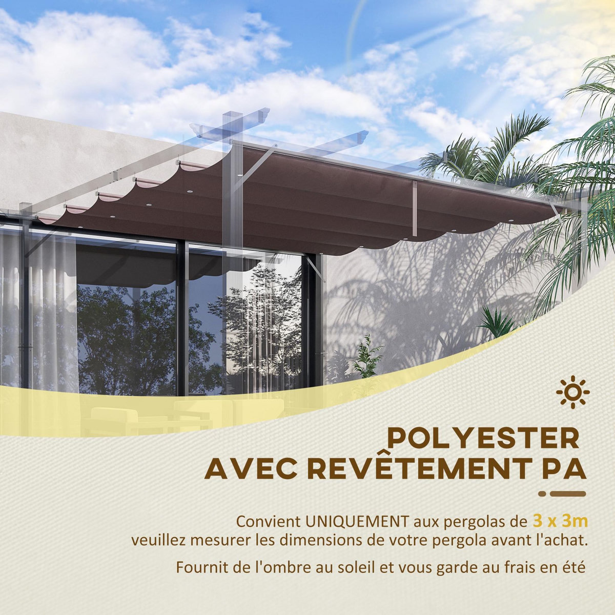 OUTSUNNY Toile de rechange pour pergola rétractable 3 x 3 m polyester haute densité 180 g/m² imperméabilisé chocolat