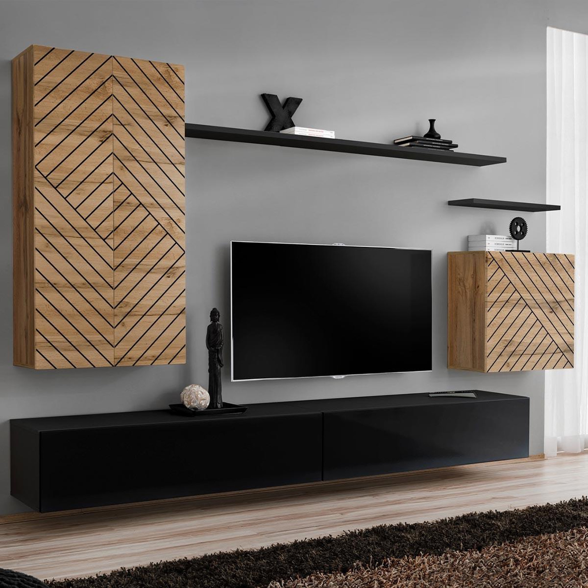 Paris Prix Ensemble meuble tv  switch lamel ii  270cm noir & naturel