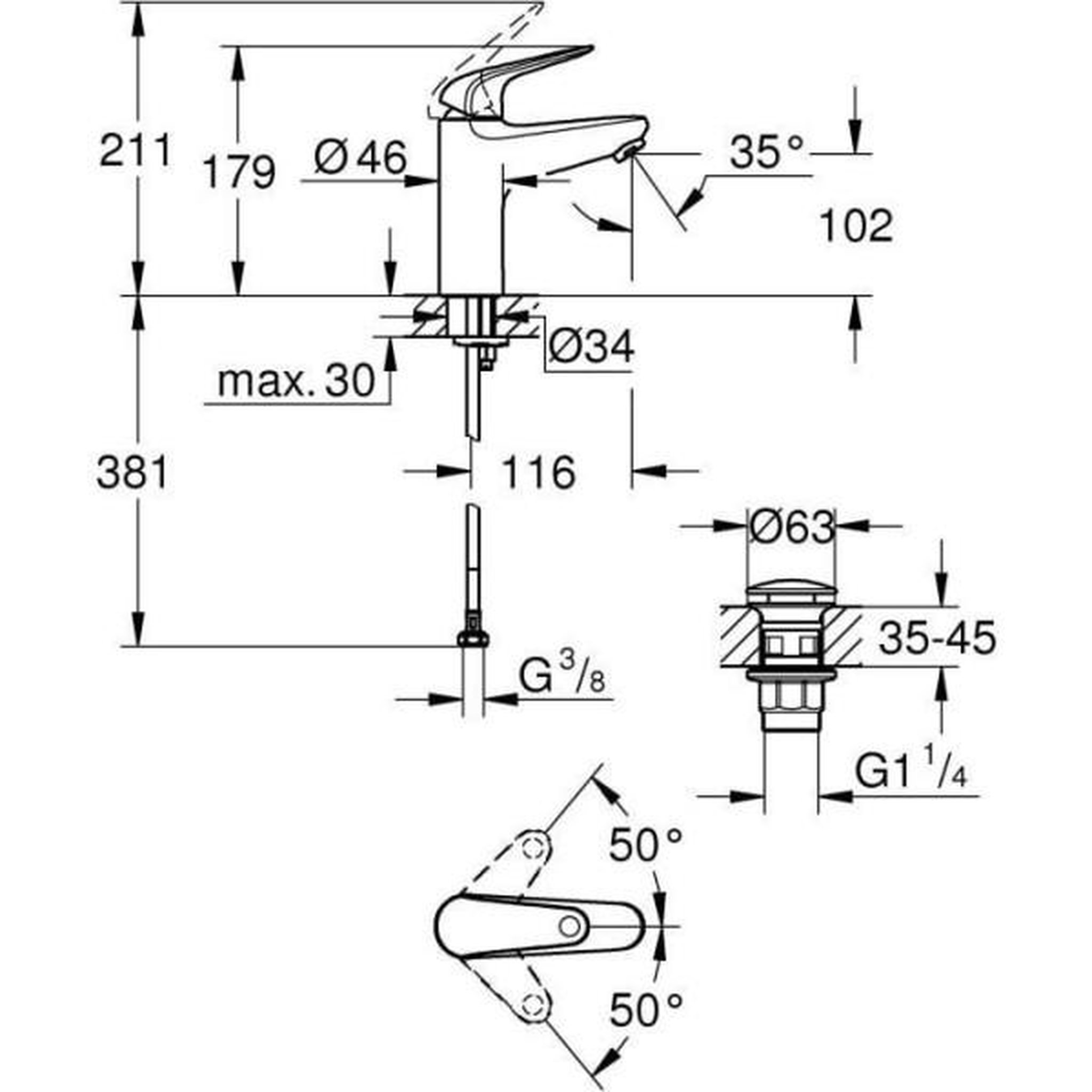 Voir la diapositive 3 : Grohe Mitigeur monocommande lavabo - grohe swift - 24326001 - chromé - taille m - economie d'eau - vidage clic clac