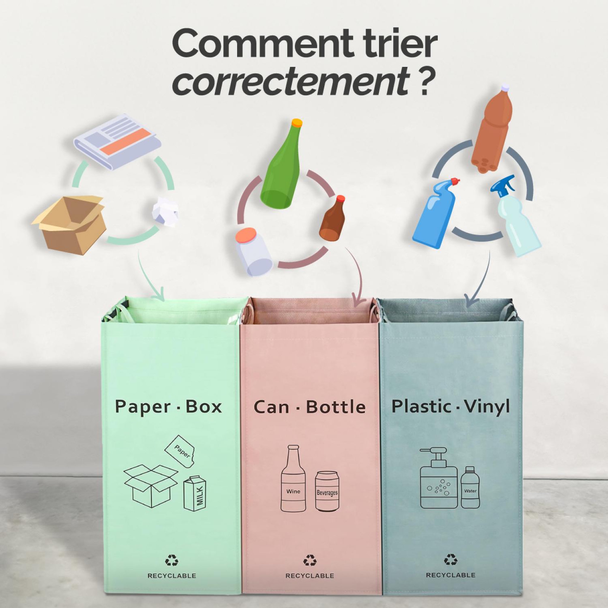 Voir la diapositive 3 : LINXOR Lot de 3 sacs de recyclage réutilisables pour tri sélectif - 160L