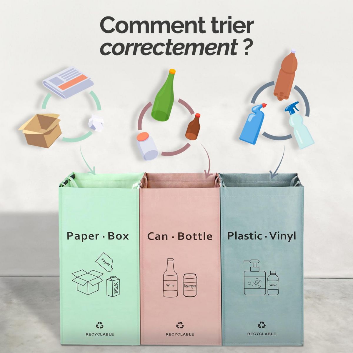 LINXOR Lot de 3 sacs de recyclage réutilisables pour tri sélectif - 160L