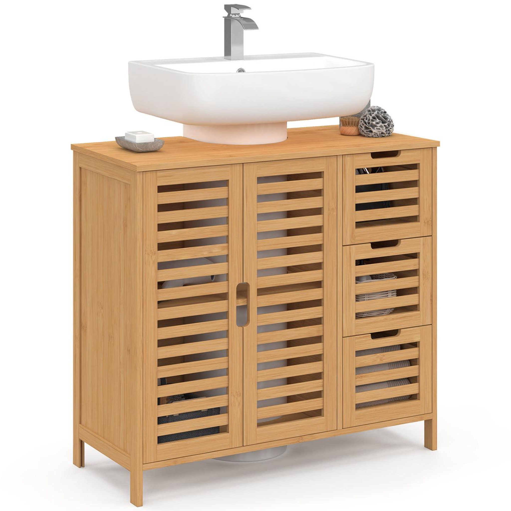 ID MARKET Meuble sous lavabo salle de bain bambou bea avec placard et 3 tiroirs