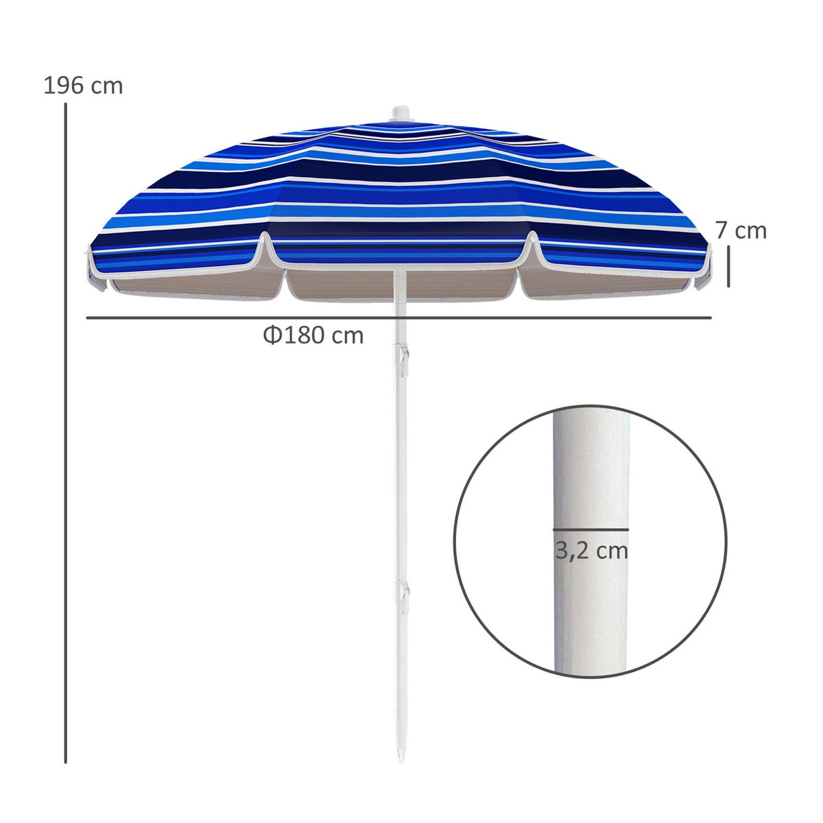 OUTSUNNY Parasol de plage inclinable rond dia. 1,8 m UPF50+ sac de transport inclus bleu blanc rayé