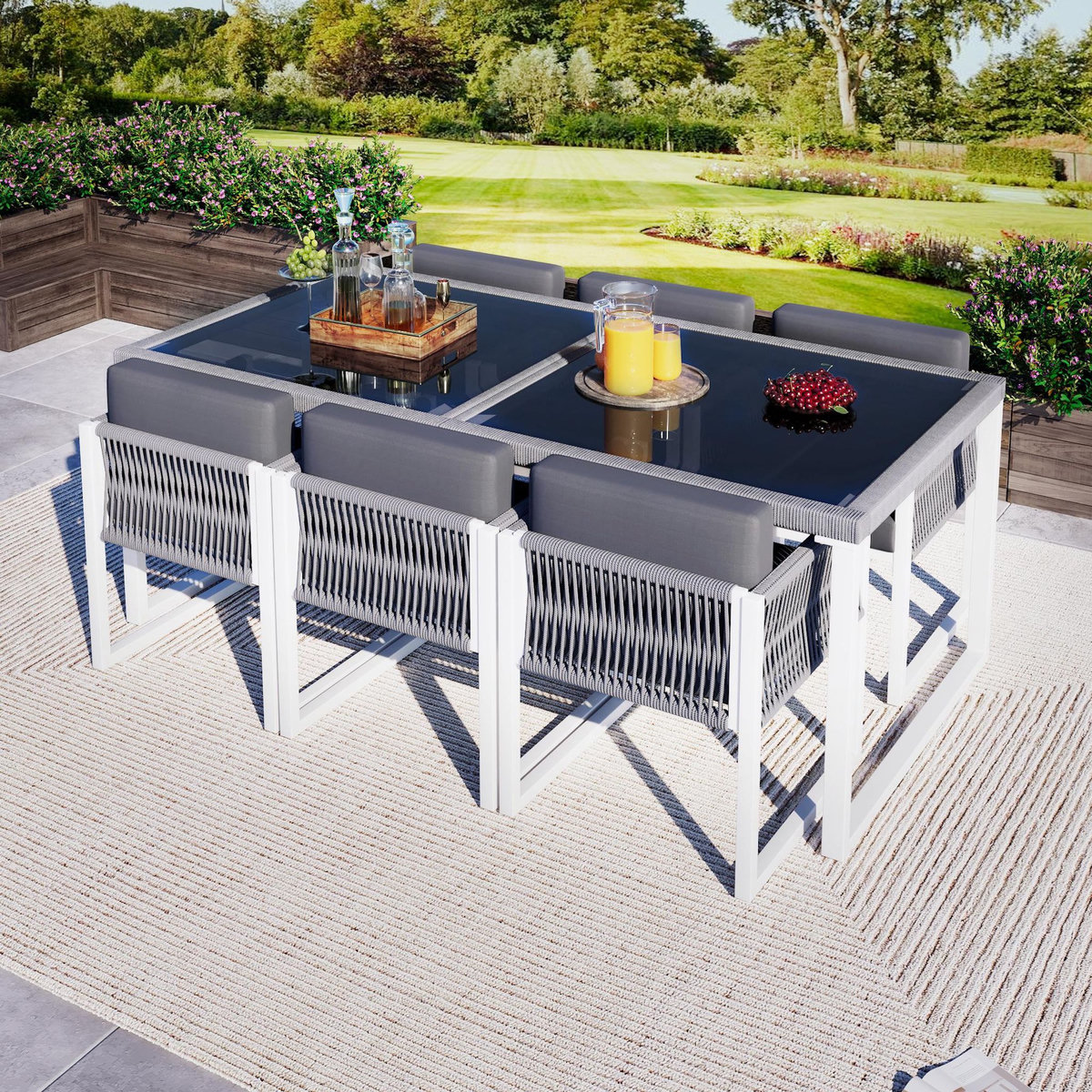 MERAX Salon de jardin 6 places en corde tressée avec table et fauteuils