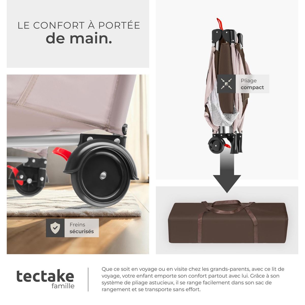 tectake Lit de voyage pour enfants peu encombrant pliable et réglable en hauteur marron