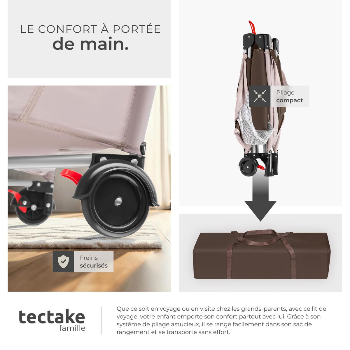 tectake Lit de voyage pour enfants peu encombrant pliable et réglable en hauteur marron
