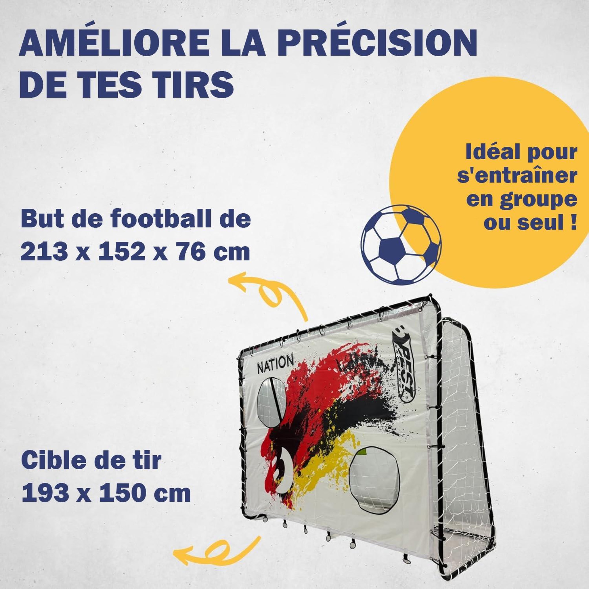Voir la diapositive 3 : BEST SPORTING But de football 213 x 152 x 76 cm en noir avec cible de tir Nation D