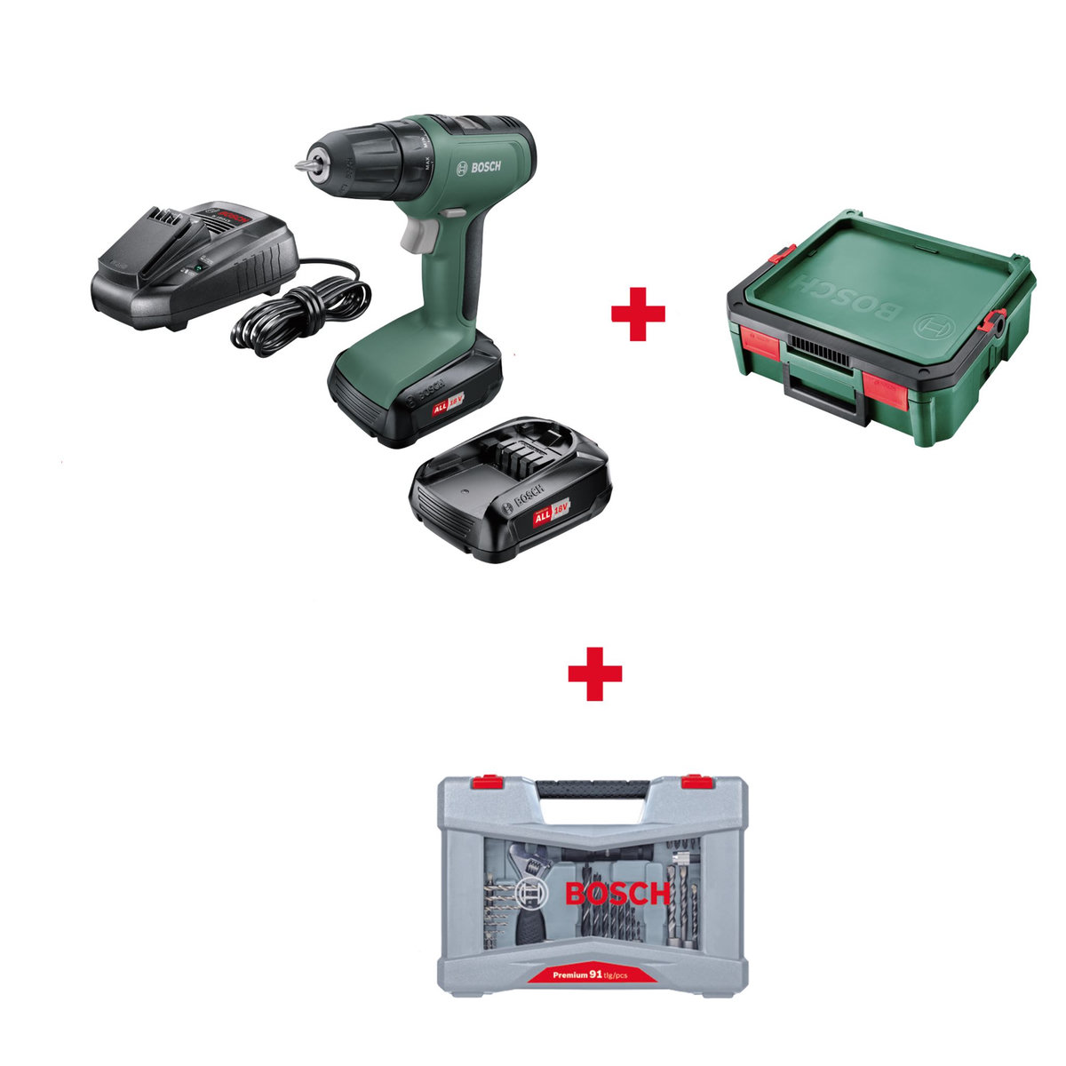 BOSCH Perceuse sans fil 18V 2 batteries + SystemBox + Coffret 91 pièces
