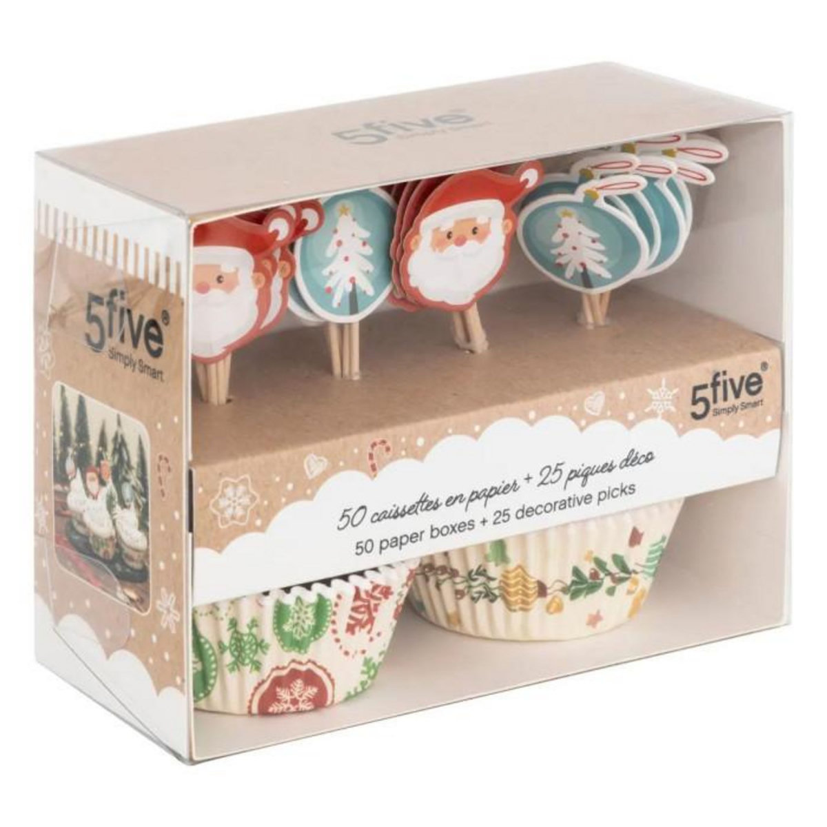 FIVE Lot de 50 Caissettes & 25 Piques  Noël  7cm Multicolore