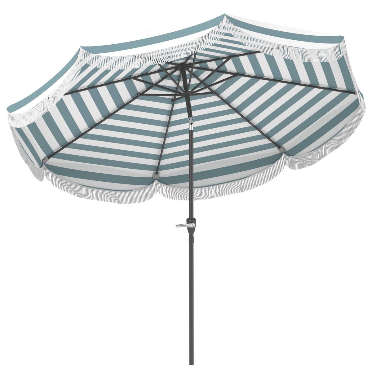 OUTSUNNY Parasol de jardin à franges inclinable dia.2,7 x 2,4m métal tissu UPF 30+ bleu blanc rayé