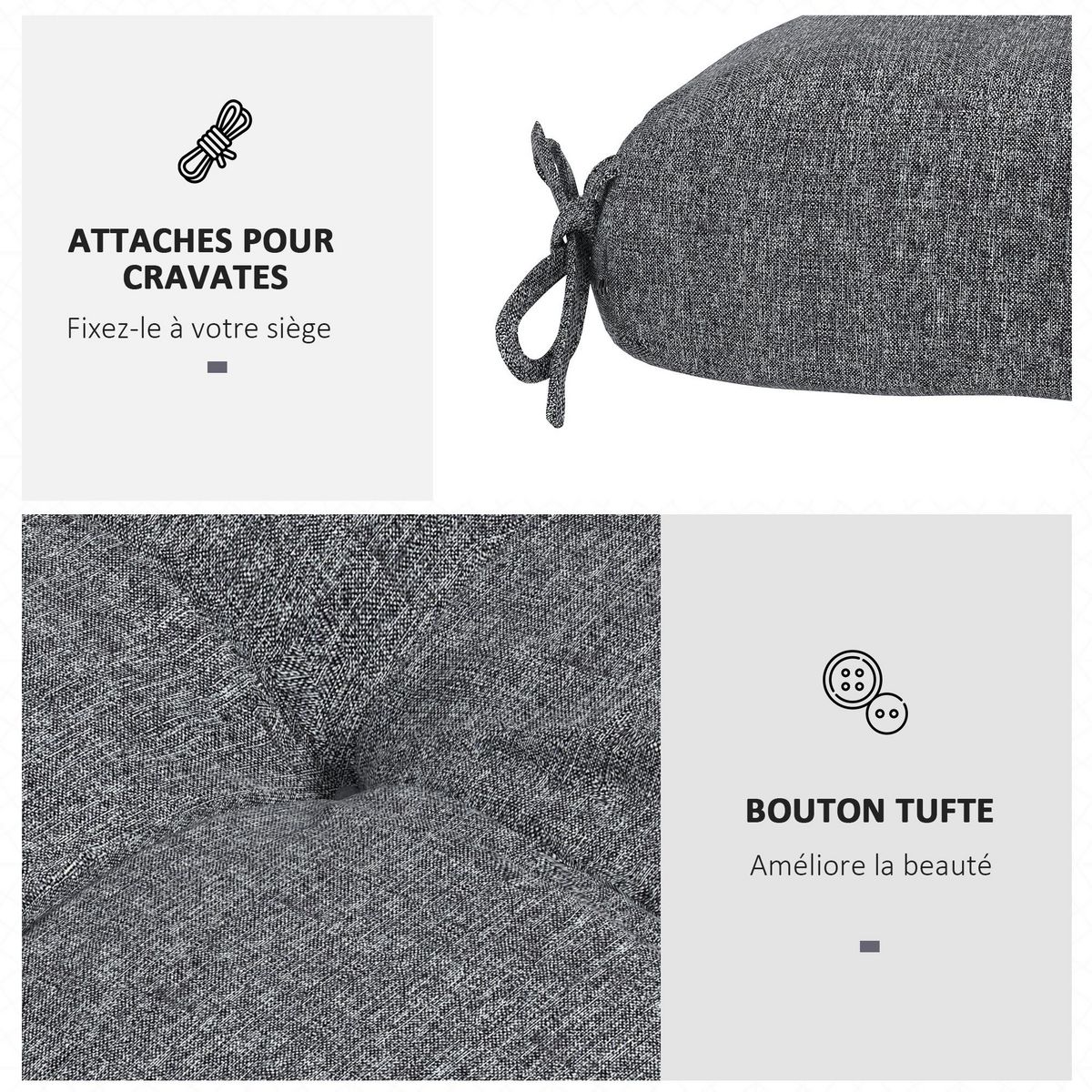 OUTSUNNY Lot de 4 coussins de chaise de jardin avec attaches gris