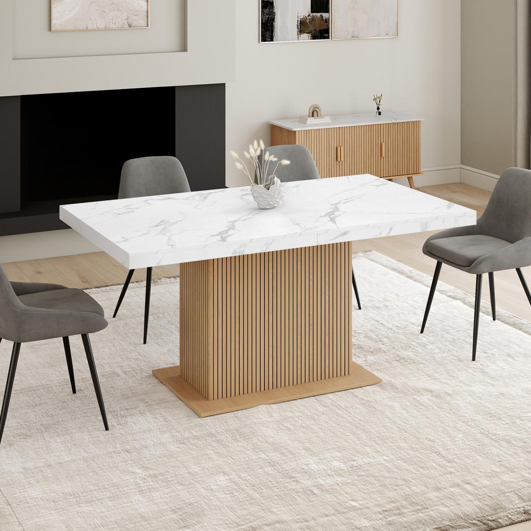 Voir la diapositive 4 : ID MARKET Table à manger extensible rectangle juliette 6-10 personnes plateau effet marbre lattes tasseau bois avec rangement 160-200 cm