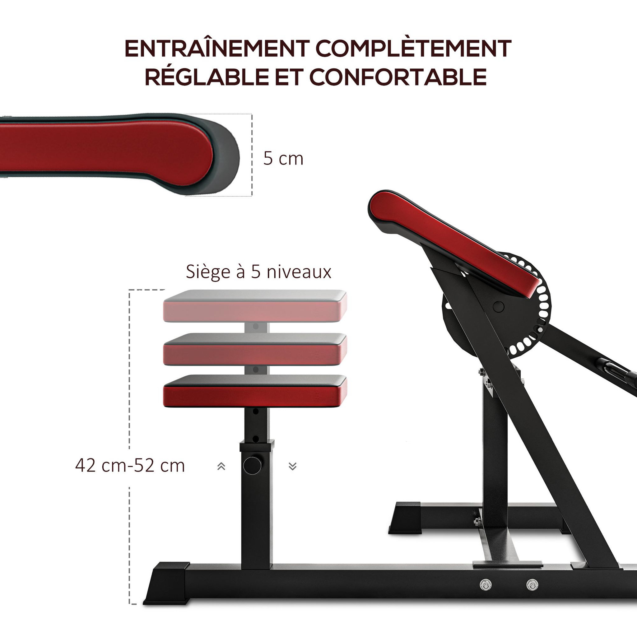 Voir la diapositive 5 : HOMCOM Banc à biceps preacher curl assise réglable 5 niveaux charge max. 120 kg acier noir rouge