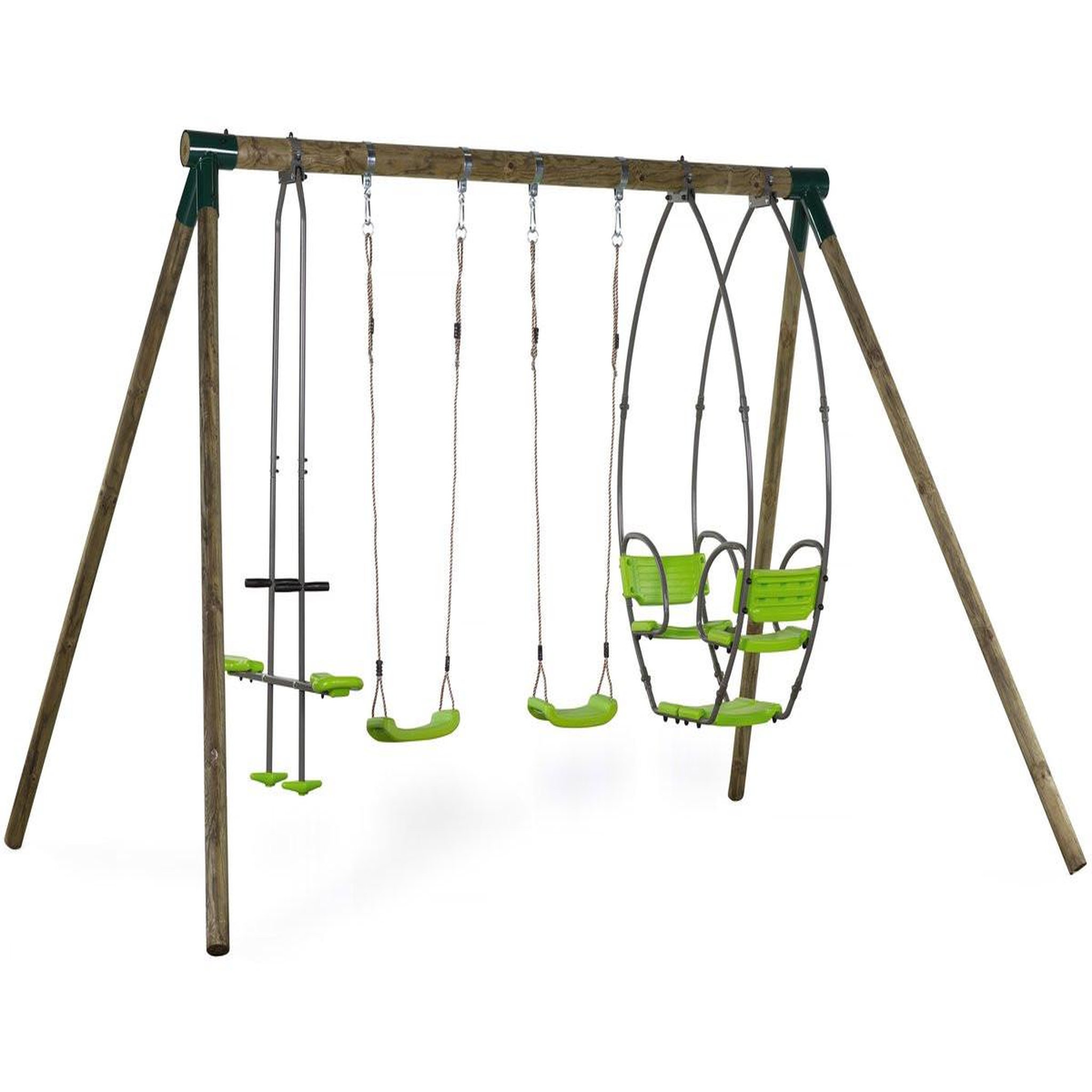 Voir la diapositive 1 : Habitat et Jardin Portique bois  Nelio  - Avec 2 balançoires , 1 vis-à-vis et 1 nacelle.