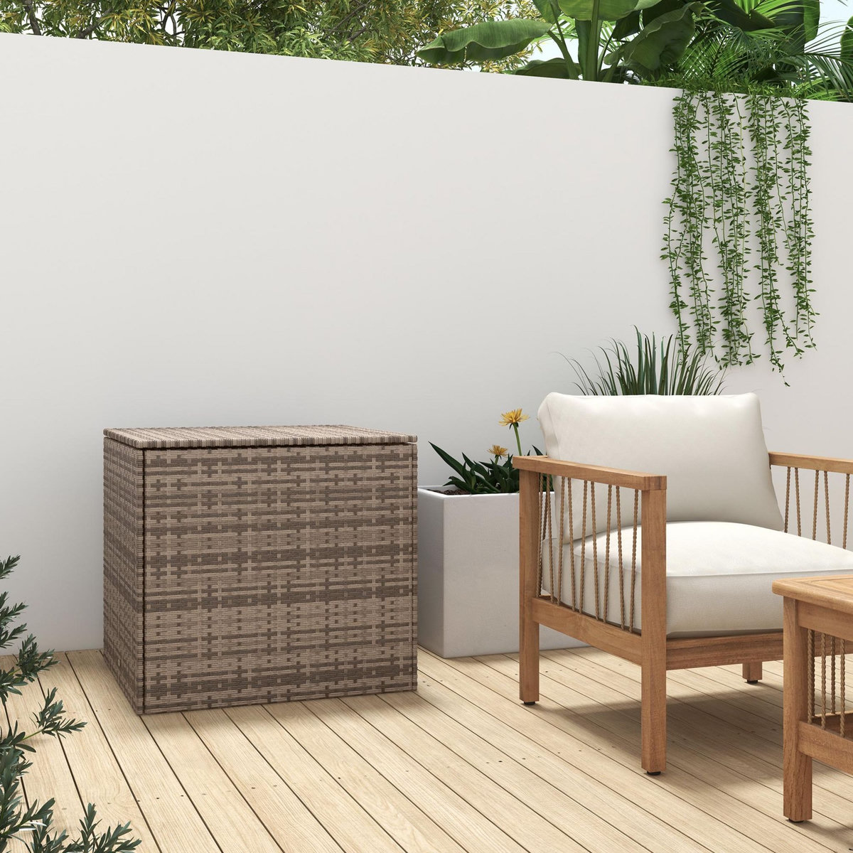 OUTSUNNY Coffre de jardin dim. 75L x 75l x 70H cm vérin pneumatique doublure intérieure résine tressée aspect rotin taupe