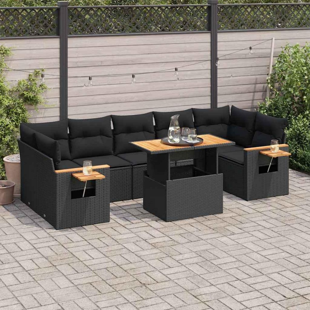 VIDAXL Salon de jardin avec coussins 8 pcs noir resine tressee acacia