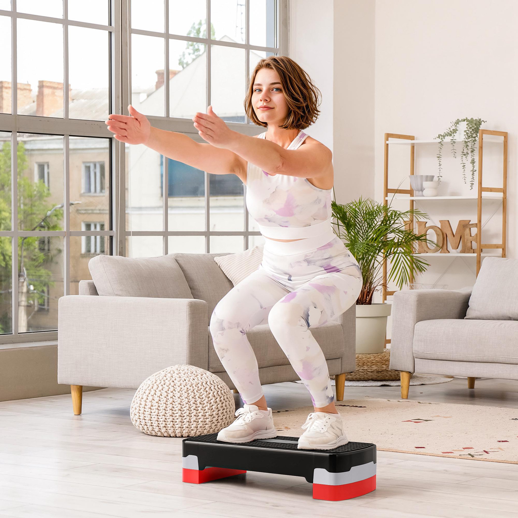 Voir la diapositive 4 : HOMCOM Stepper fitness aerobic hauteur reglable surface antiderapante dim. 68l x 29l x 10-15h cm plastique noir gris rouge