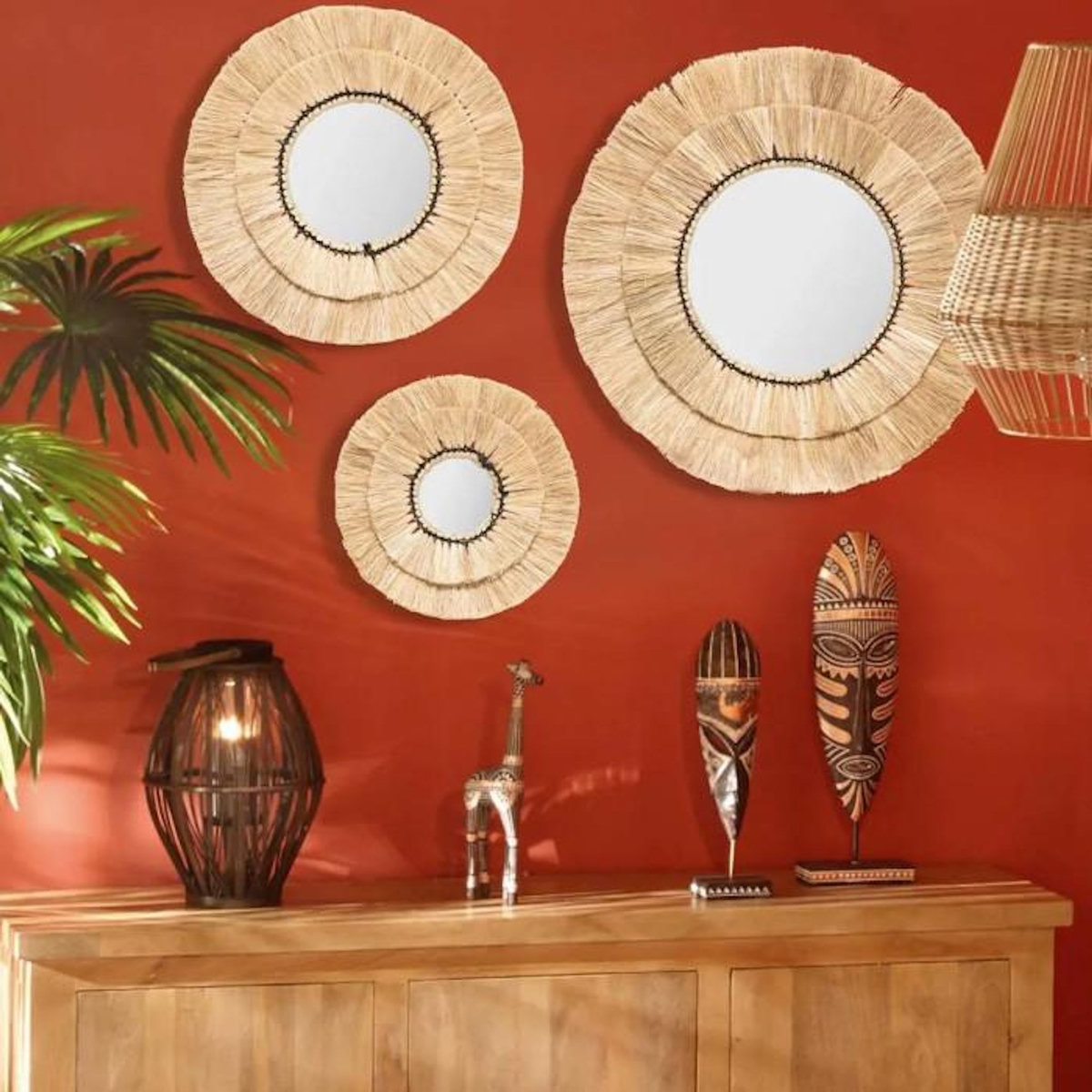 ATMOSPHERA Lot de 3 Miroirs Muraux en Raphia  Alba  40cm Beige