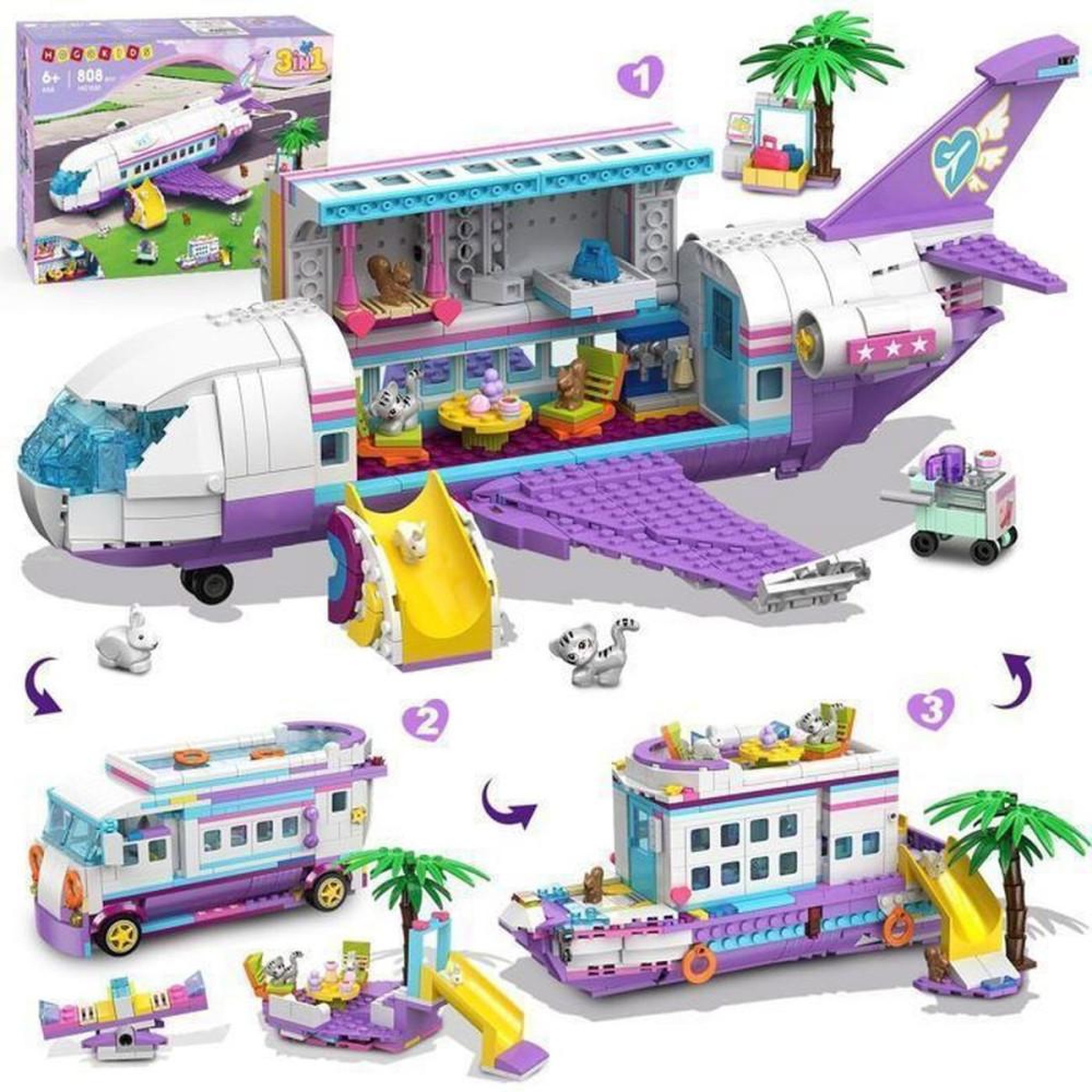 Jeu de construction 3-en-1 808 pièces avion, bateau ou camping-car avec 6 figurines animales, couleur violette