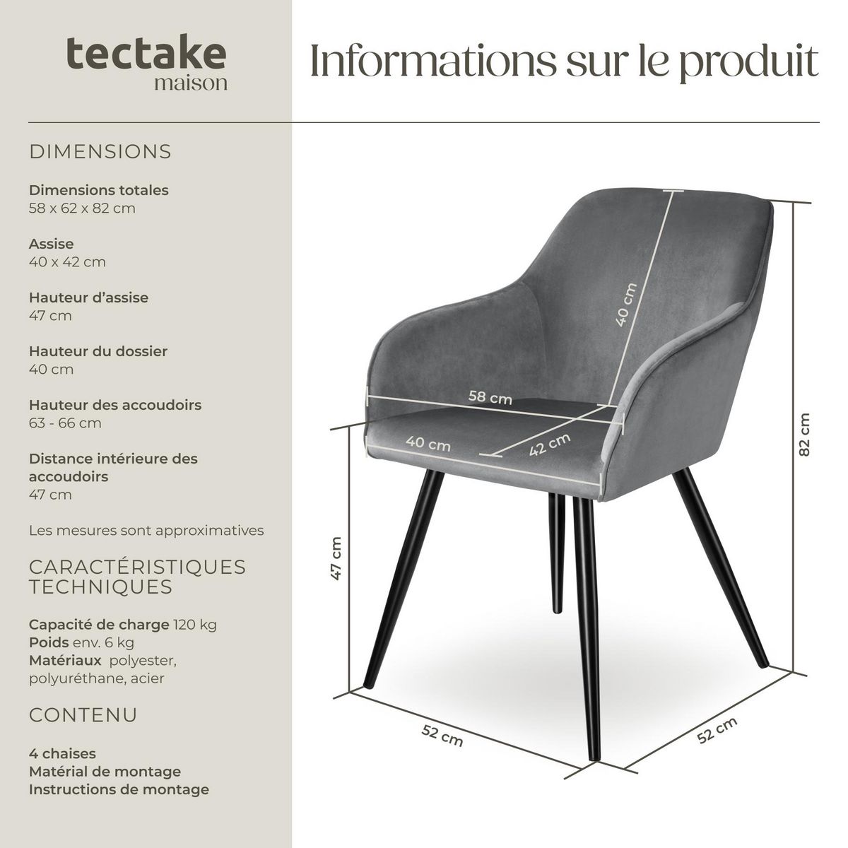 tectake Chaise style scandinave rembourrée aspect velours gris/noir Lot de 4