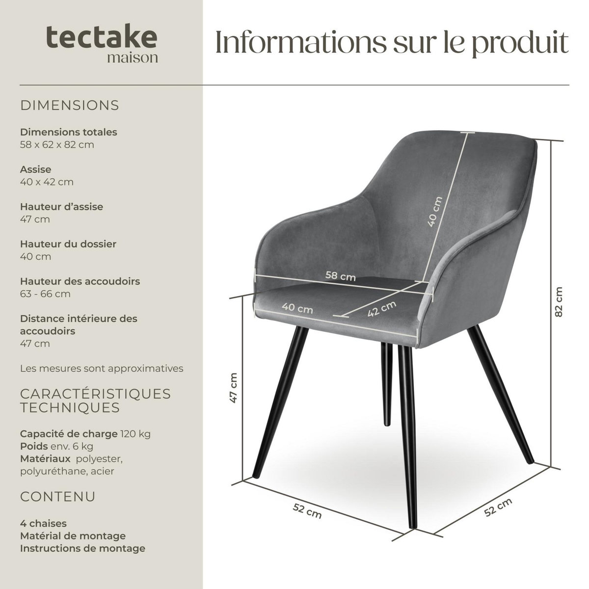 tectake Chaise style scandinave rembourrée aspect velours gris/noir Lot de 4
