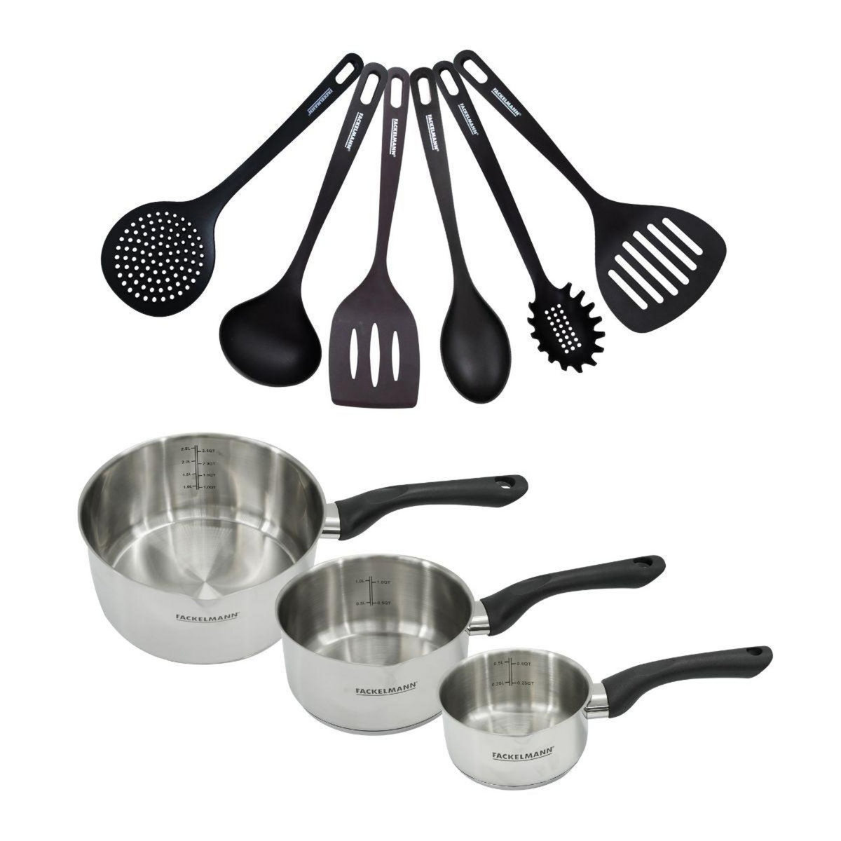 Fackelmann Set 3 casseroles 12 16 et 20 cm en inox et 6 ustensiles Fackelmann Geneva
