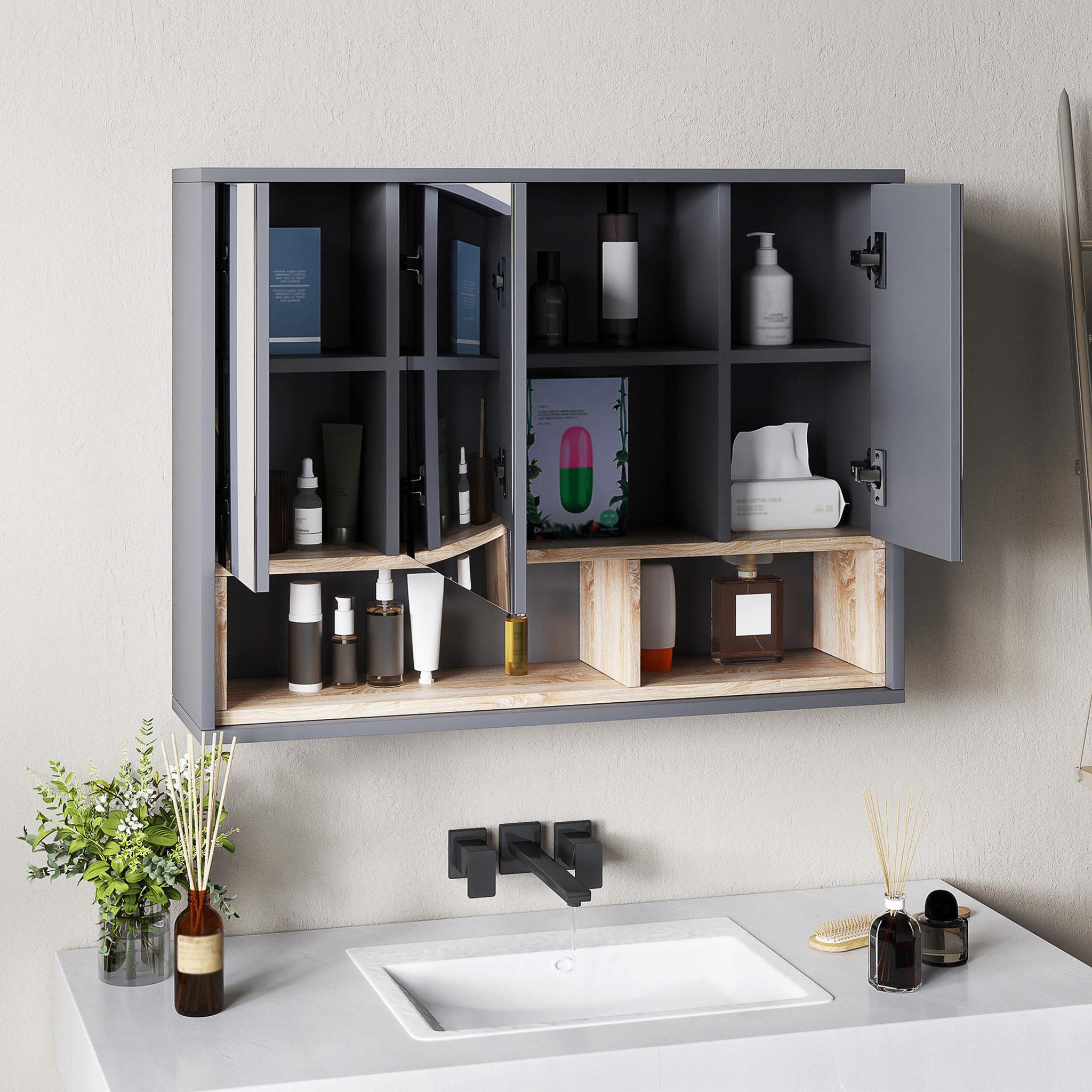 Voir la diapositive 4 : HOMCOM Armoire miroir de salle de bain - 3 portes, 3 étagères, 2 niches - dim. 80 x 20 x 60 cm - gris effet bois clair naturel