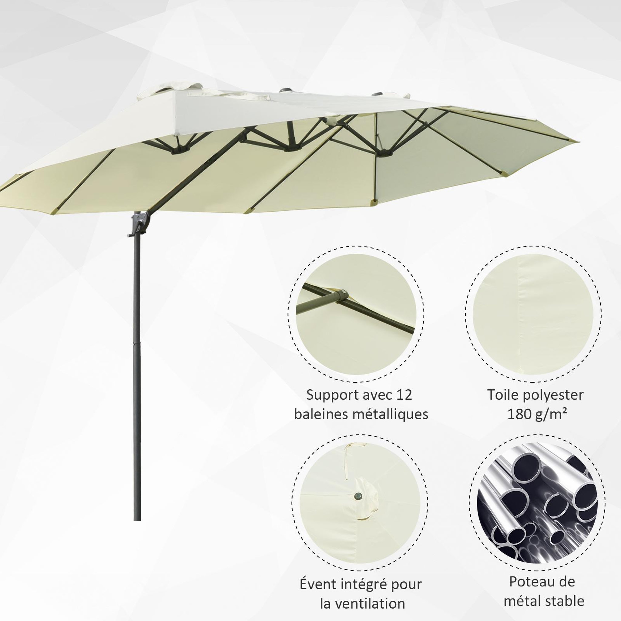 Voir la diapositive 6 : OUTSUNNY Parasol déporté grande taille XXL inclinable dim. 4,4L x 2,7l x 2,5H m piètement en acier inclus polyester crème