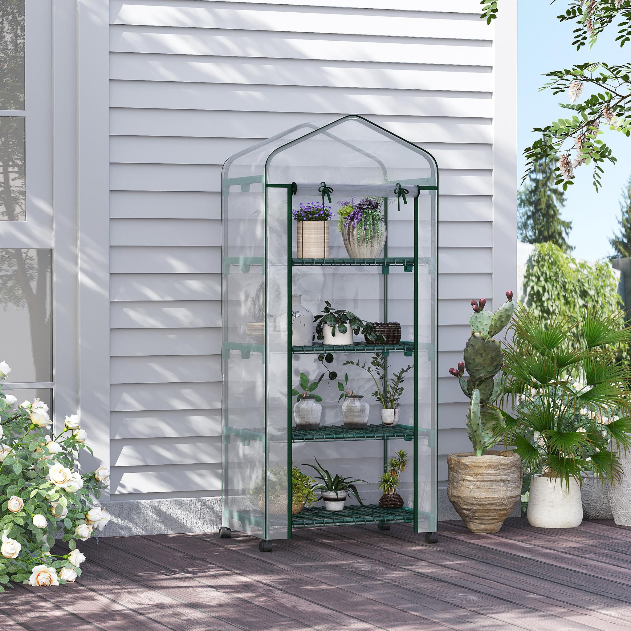 Voir la diapositive 2 : OUTSUNNY Serre de jardin balcon sur roulettes 4 étagères dim. 0,69l x 0,5l x 1,65h m acier thermolaqué bâche pvc porte zippée transparente