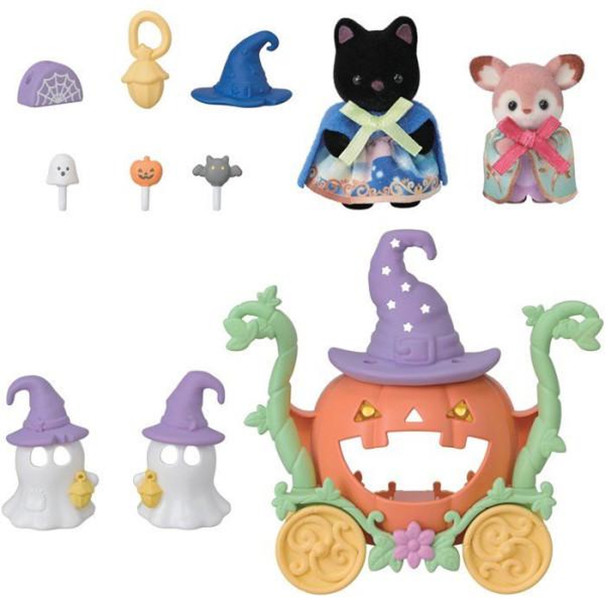 Voir la diapositive 2 : Sylvanian Families Mini set Sylvanian Families Halloween : carrosse citrouille, Gloria chaton & Kai la biche, accessoires fantômes
