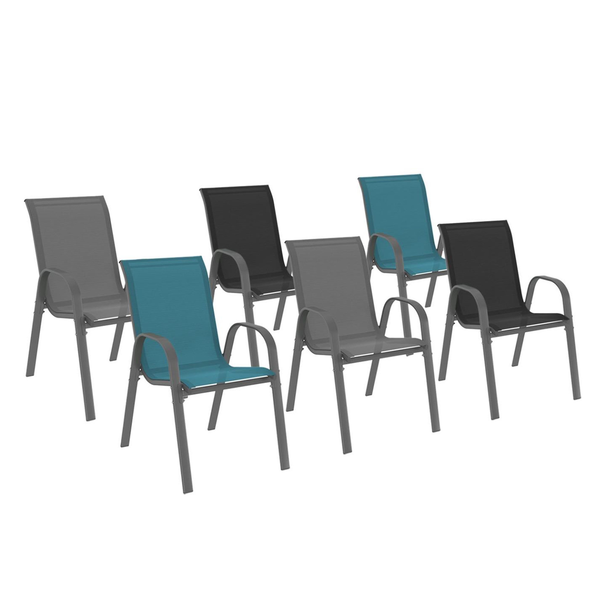ID MARKET Lot de 6 chaises de jardin lyma métal et textilène empilables gris, noir et bleu