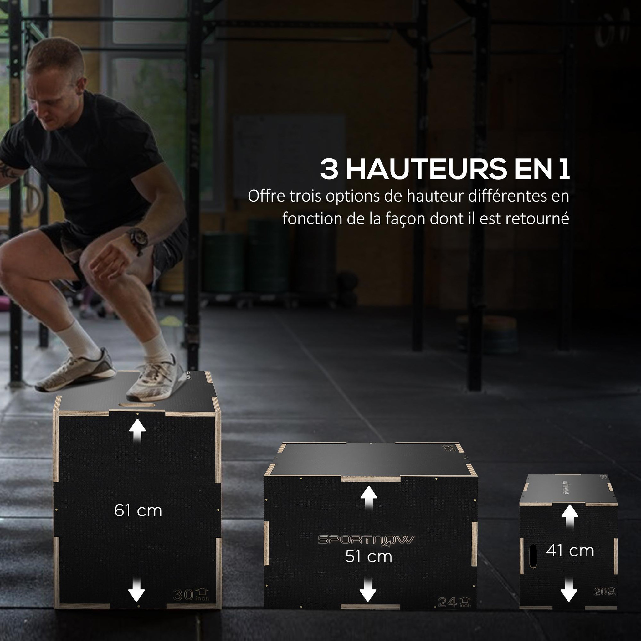 Voir la diapositive 4 : HOMCOM Box jump - box de pliométrie - boite de saut - 3 hauteurs 41/51/61H cm - charge max. 120 Kg - bois surface antidérapante noir