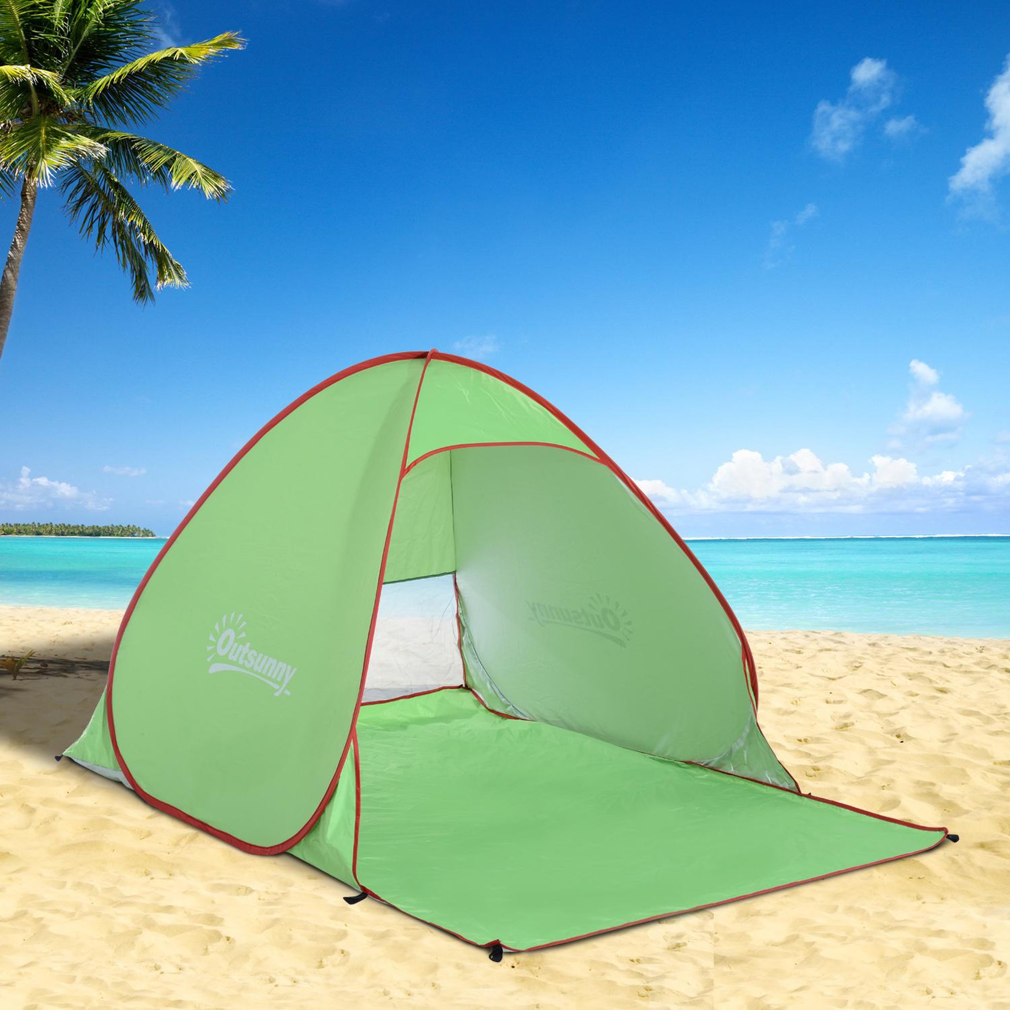 Voir la diapositive 2 : OUTSUNNY Abri de plage tente de plage pliable pop-up automatique instantané protection uv fenêtre arrière grand tapis de sol vert rouge