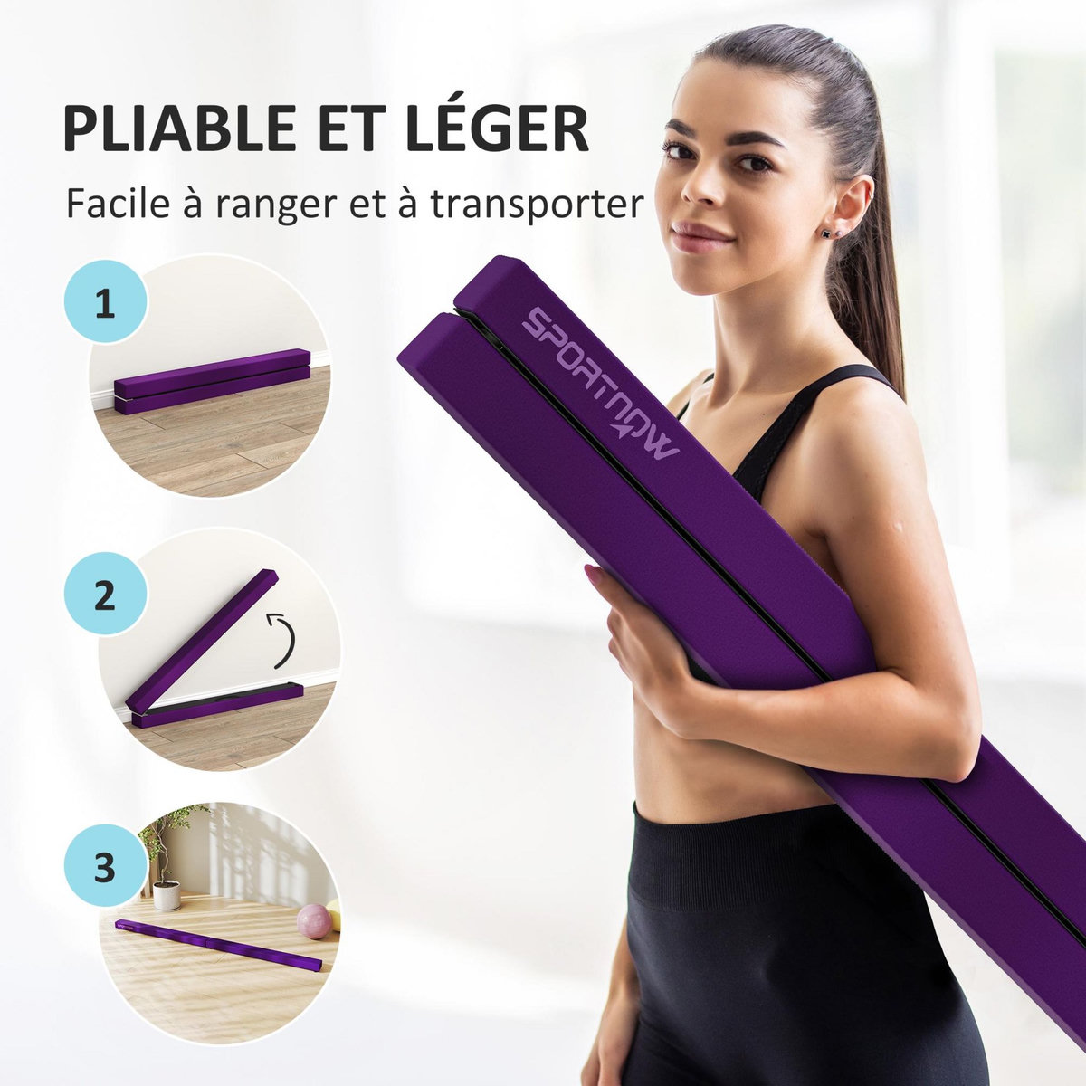 HOMCOM Poutre gymnastique pliable 210 cm - poutre d'équilibre antidérapante - bois de pin revêtement flanelle violet