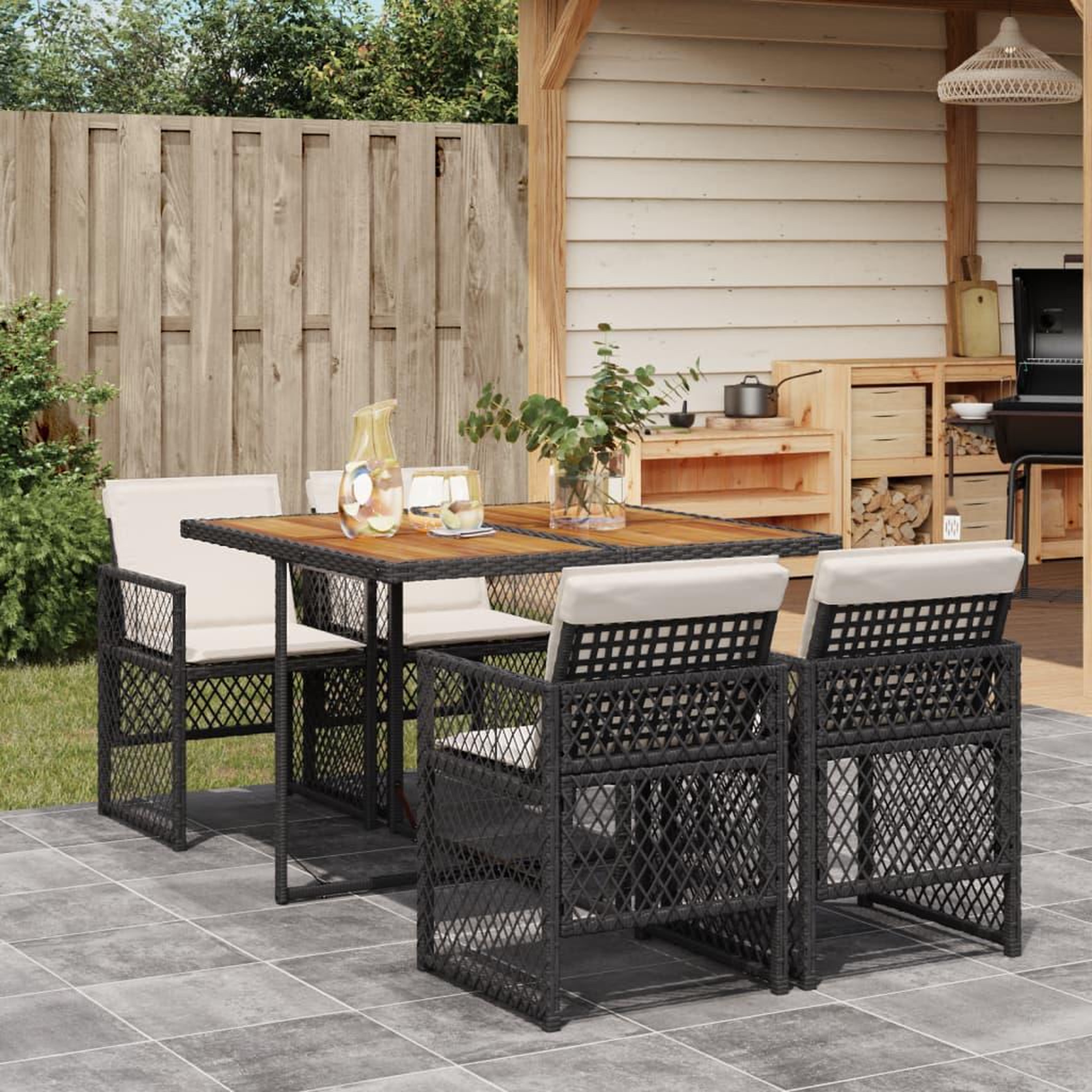 VIDAXL Ensemble a manger de jardin coussins 5pcs noir resine tressee