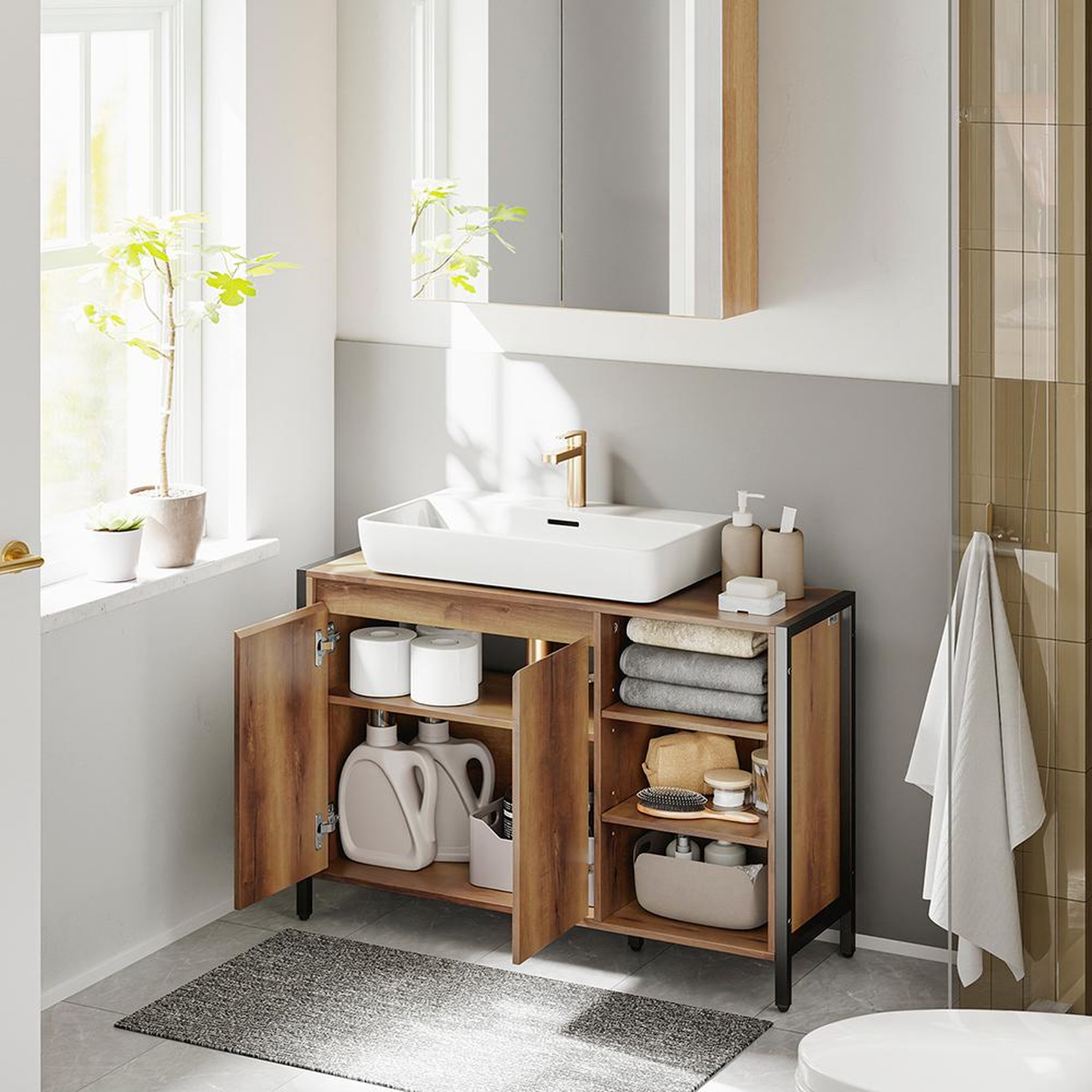 Voir la diapositive 4 : SOBUY Meuble sous-lavabo avec étagères ouvertes Marron clair 90x30x60cm BZR63-L-PF