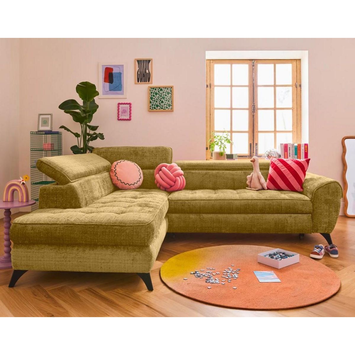 LISA DESIGN Marlo - canapé d'angle gauche 5 places convertible avec coffre et têtières en velours texturé