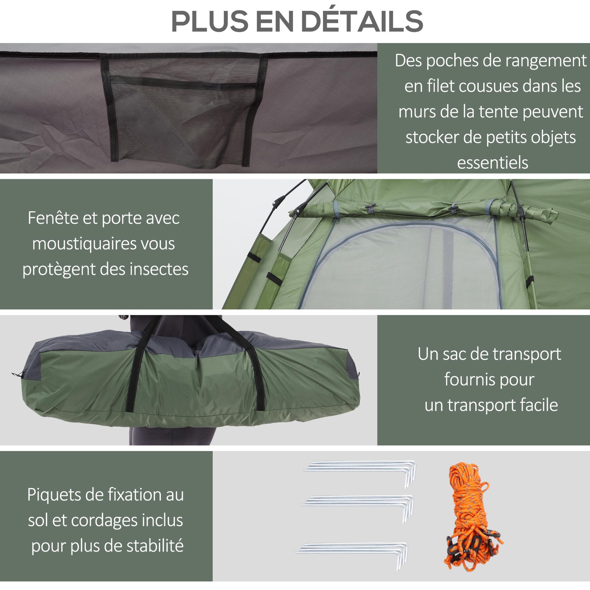 Voir la diapositive 6 : OUTSUNNY Tente pop up montage instantané - tente de camping 3-4 pers.  - 2 grandes portes - dim. 2,6l x 2,6l x 1,5h m fibre verre polyester oxford vert gris