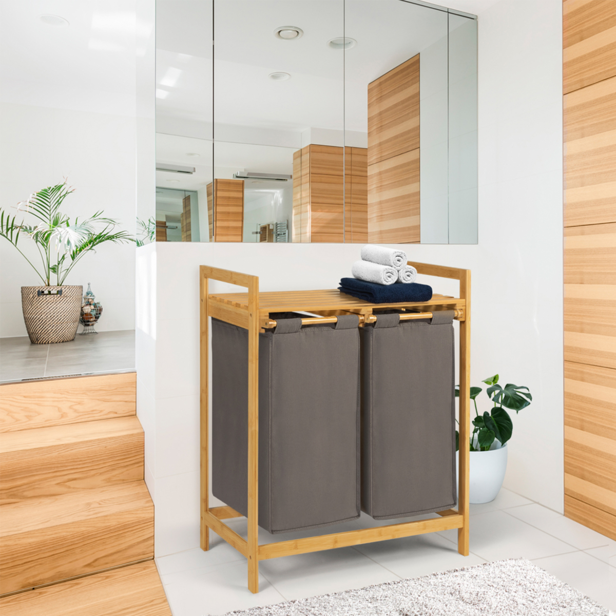 ID MARKET Panier à linge 2 bacs bambou BEA tissu gris foncé