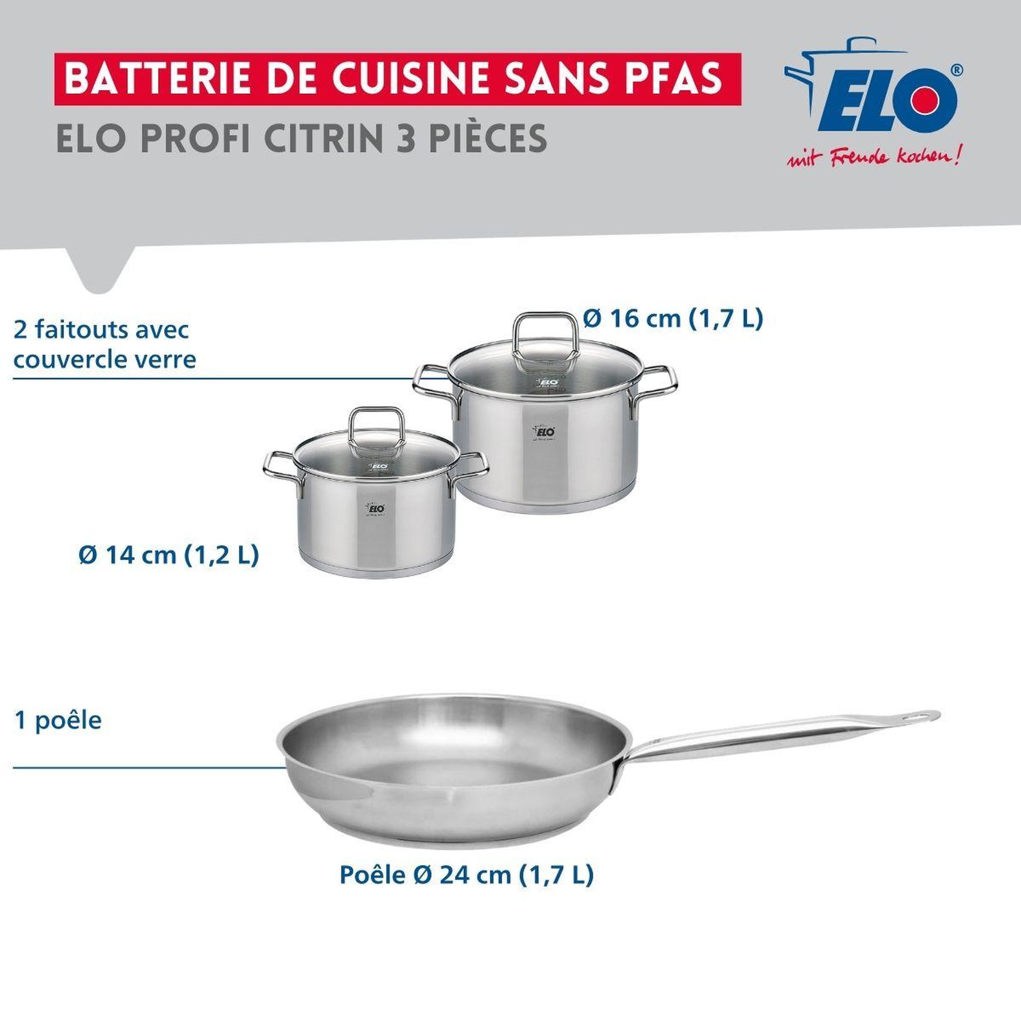 Voir la diapositive 2 : ELO Ensemble de 1 poêle de cuisson 24 cm et 2 faitouts 14 et 16 cm elo profi citrin