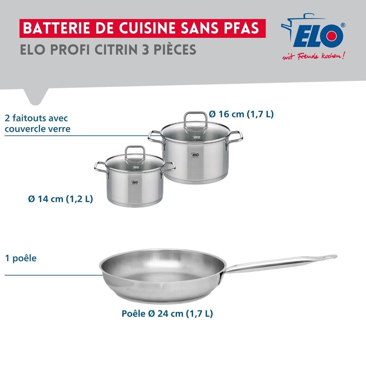 ELO Ensemble de 1 Poêle de cuisson 24 cm et 2 faitouts 14 et 16 cm Elo Profi Citrin