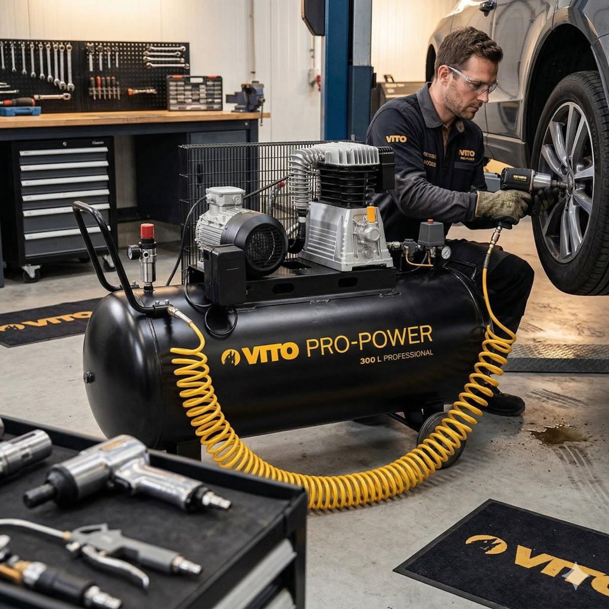 VITO Compresseur à air Courroie triphasé 300L 10 Bar 4000W 5.5CV 500L/min VITO