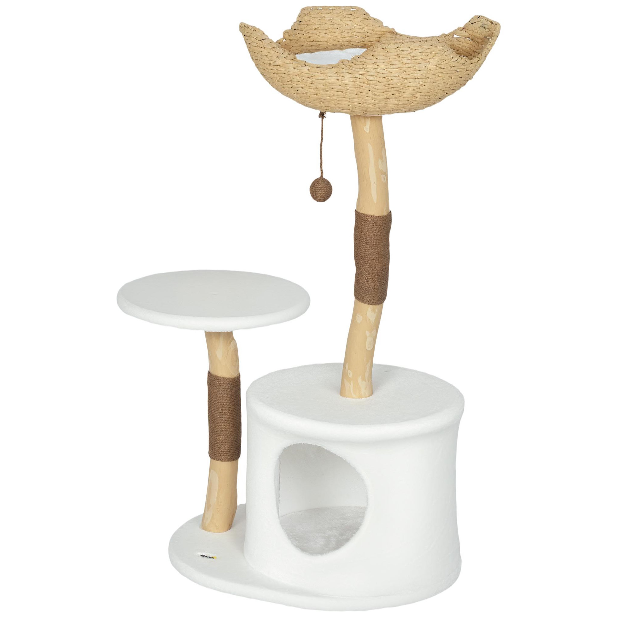 PAWHUT Arbre à chat bois design naturel griffoirs boule chanvre panier observation tressé coussin niche